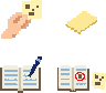 Four small scenes: a hand holding a card, the card set down, a pen writing in a notebook, and the card beside the notebook with one mark circled in red.
